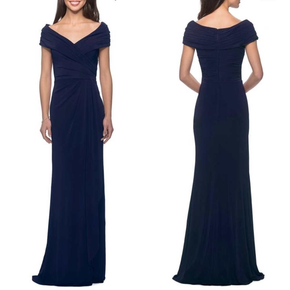 New La Femme 26519 Off Shoulder Draped Ruched Floor Length Gown In Navy